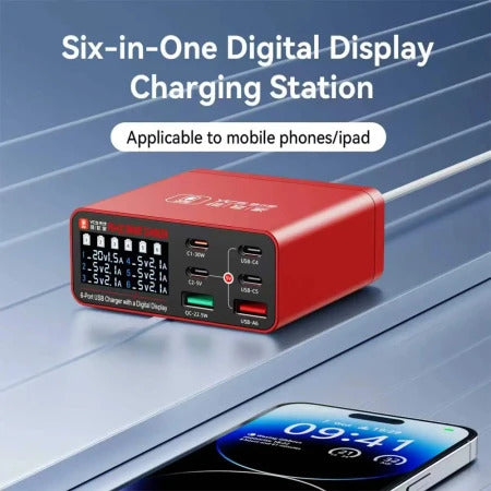 YCS 300 6-in-1 Multi-Port USB + Type-C Digital Display QC Fast Charging Station