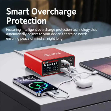 YCS 300 6-in-1 Multi-Port USB + Type-C Digital Display QC Fast Charging Station