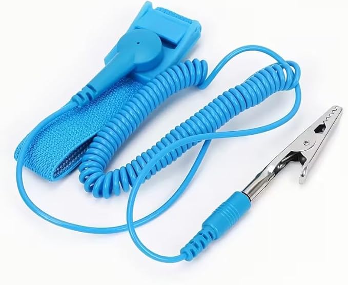 Adjustable Anti-Static Wrist Strap, Blue PVC with Conductive Sand, 1.6 Metres Wired ESD Bracelet, Alligator Clip Ground Connection