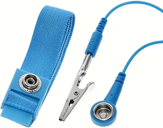 Adjustable Anti-Static Wrist Strap, Blue PVC with Conductive Sand, 1.6 Metres Wired ESD Bracelet, Alligator Clip Ground Connection