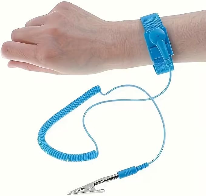 Adjustable Anti-Static Wrist Strap, Blue PVC with Conductive Sand, 1.6 Metres Wired ESD Bracelet, Alligator Clip Ground Connection