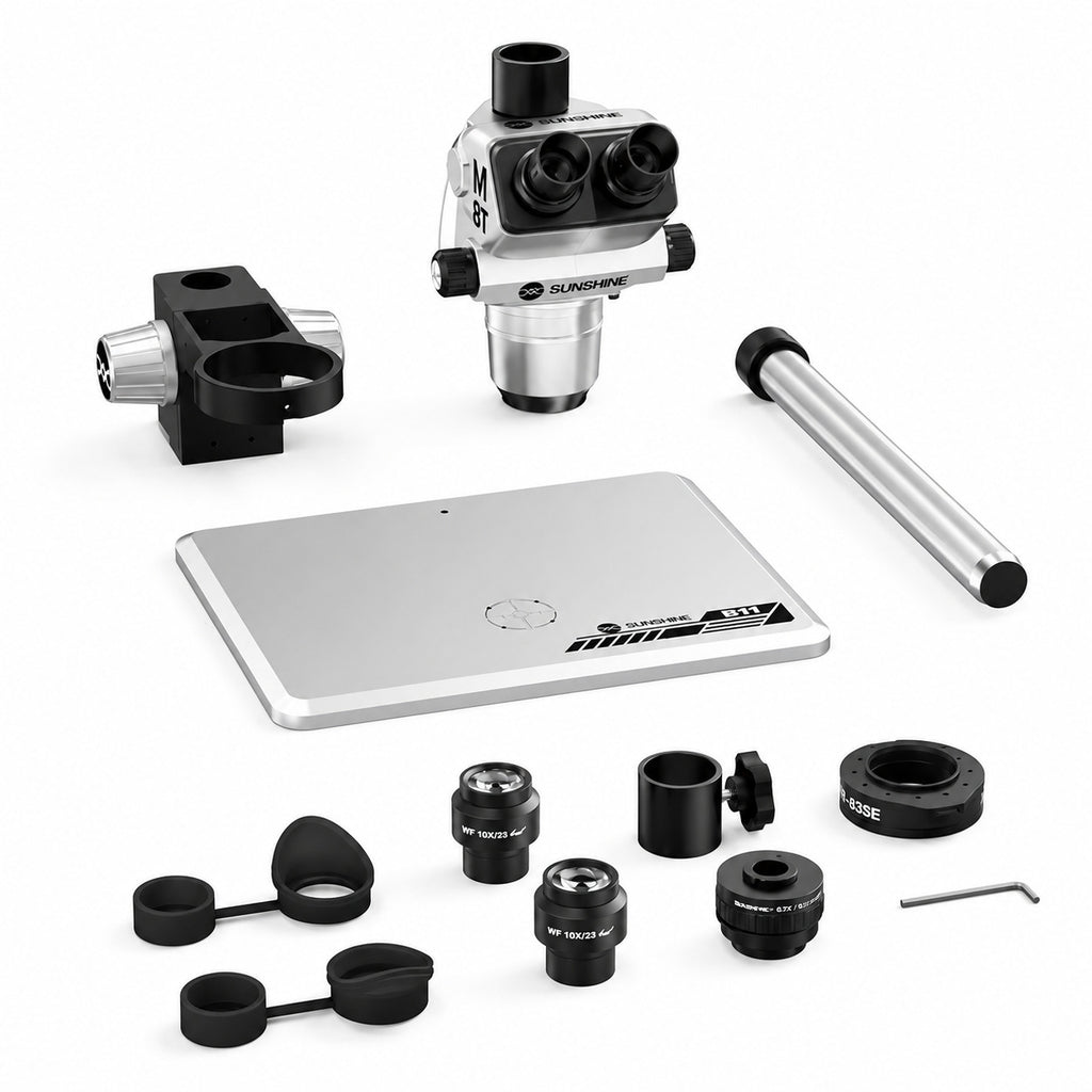 Sunshine M8T Ultra-B11 6-72X Synchronous Zoom Trinocular Stereo Microscope with B11 Big Base (SILVER)