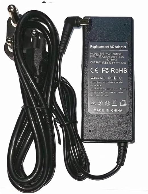 90W Laptop Replacement Charger for Sony Laptops, 19.5V 4.7A, 6.5x4.4mm Pin, Black, Complete Kit With Power Cord